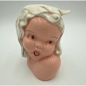Vintage Retro Ceramic Girl Figurine Planter With White Hair & Pink Cheeks